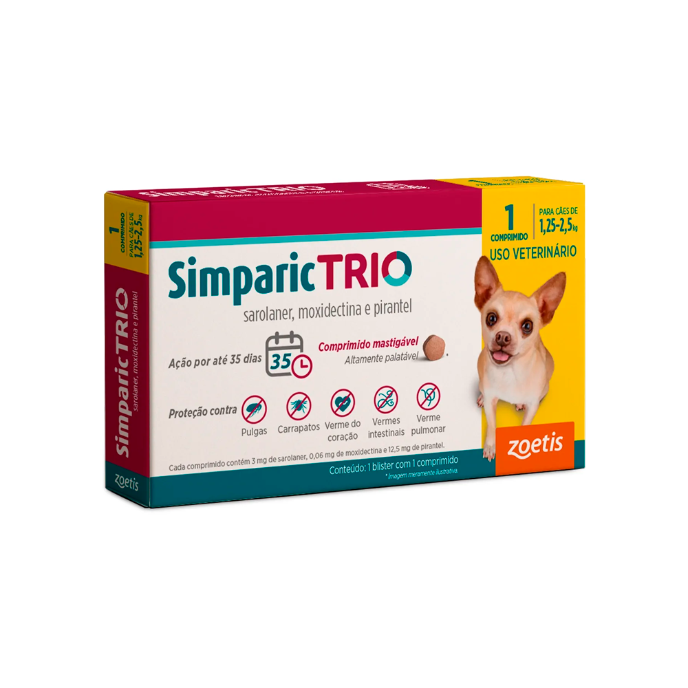 Antipulgas Zoetis Simparic Trio 3 mg para Cães de 1,5 Kg a 2,5 Kg - 1 comprimido
