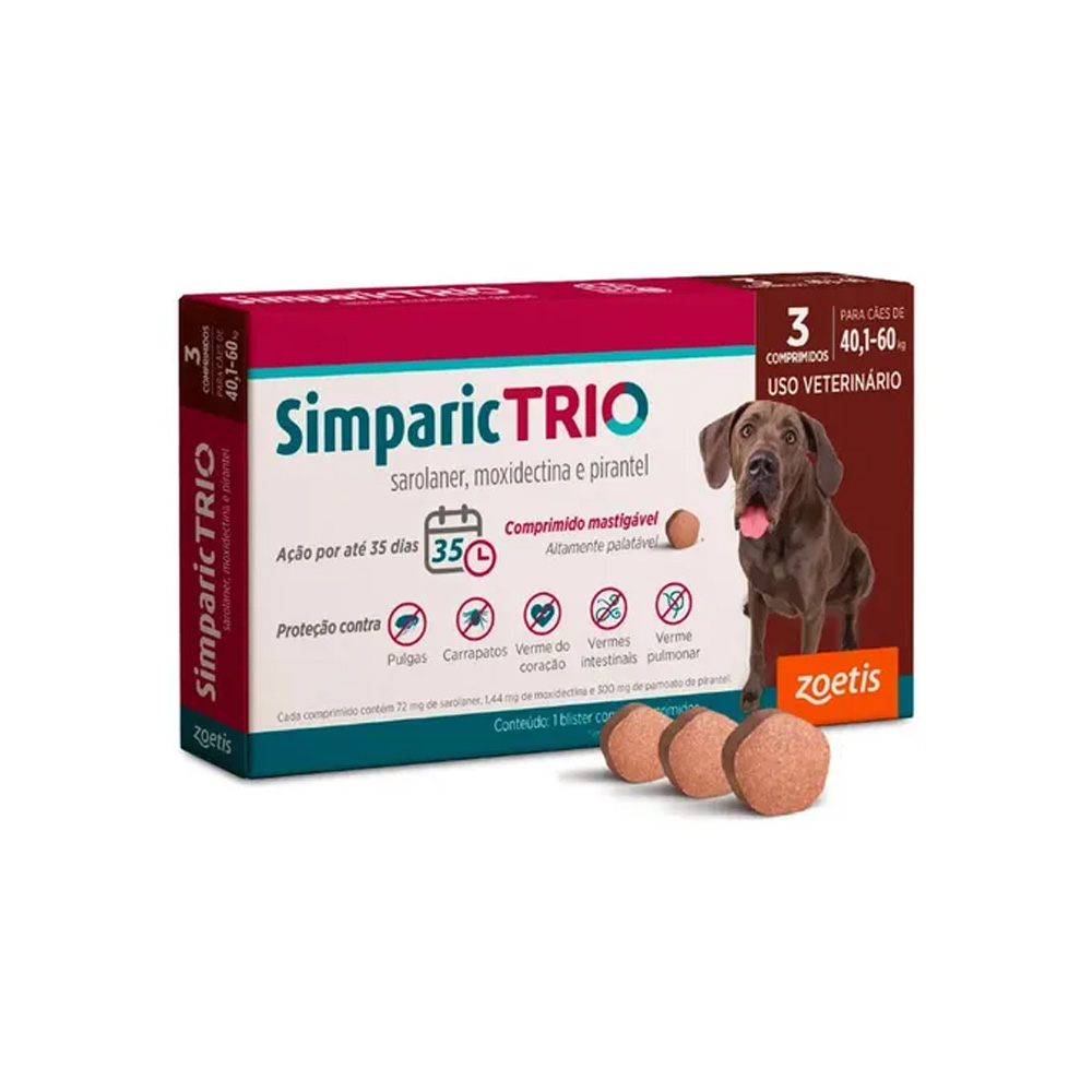 Simparic Trio 72mg Zoetis para Cães de 20,1 a 40kg - 3 Comprimido Mastigável