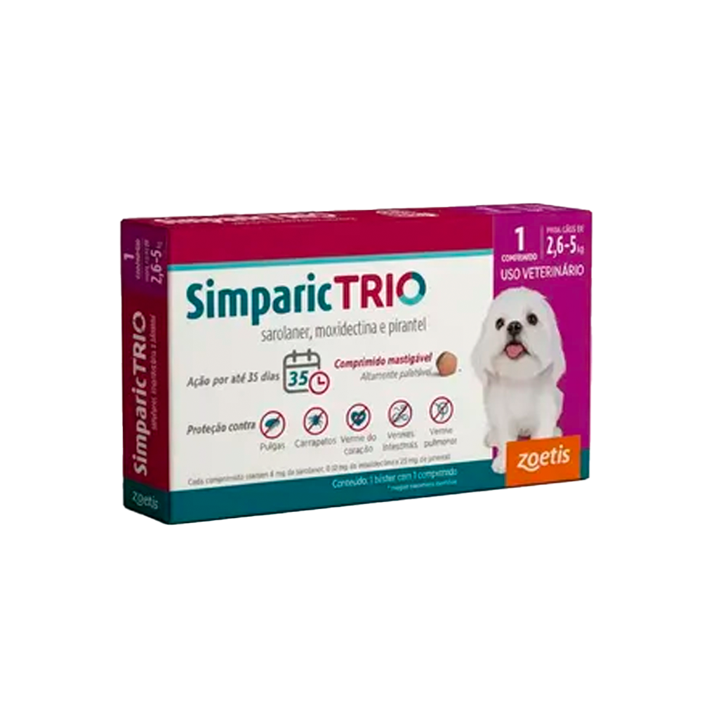 Antipulgas Zoetis Simparic Trio 6 mg para Cães de 2,6 Kg a 5 Kg - 1 comprimido