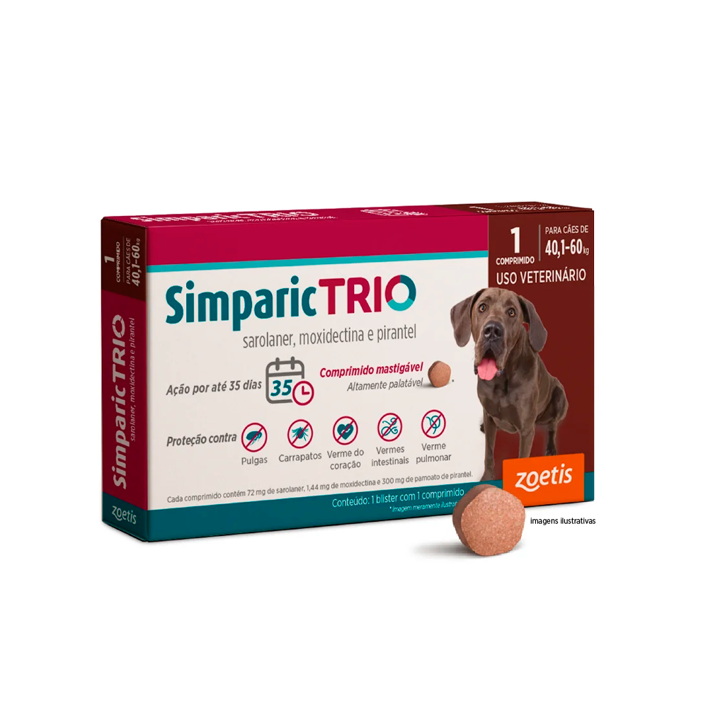 Antipulgas Zoetis Simparic Trio 72 mg para Cães de 40,1 Kg a 60 Kg - 1 comprimido